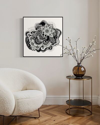 Framed black and white abstract art with eyes, mandalas, and fine line whimsical detail