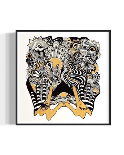 Framed abstract artwork with black, white, and gold designs coming out of two gold hands and fine linework on a white background