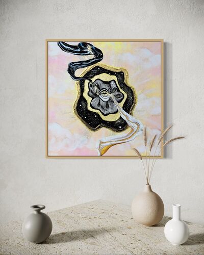 Framed artwork with a black and gold abstract swirls coming out of golden eye on a night sky over a pastel pink and yellow sky background