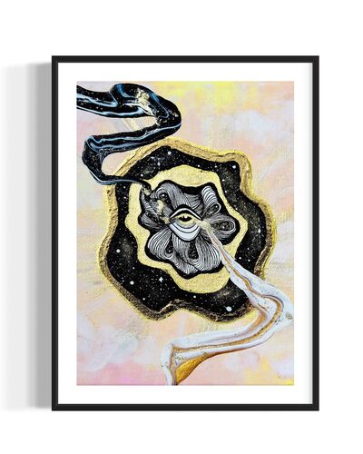 Framed artwork with a black and gold abstract swirls coming out of golden eye on a night sky over a pastel pink and yellow sky background