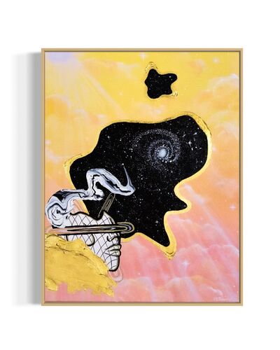 Framed abstract celestial artwork with a black cosmic space bubble, white swirl patterns, a silhouette, and yellow and pink pastel cloud background.