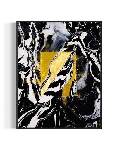 Abstract art piece with gold square and black, white, and gray abstract swirls and shapes