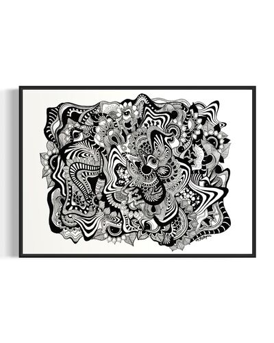 Framed black and white abstract geometric artwork with eyes, whimsical linework and botanicals on a white background