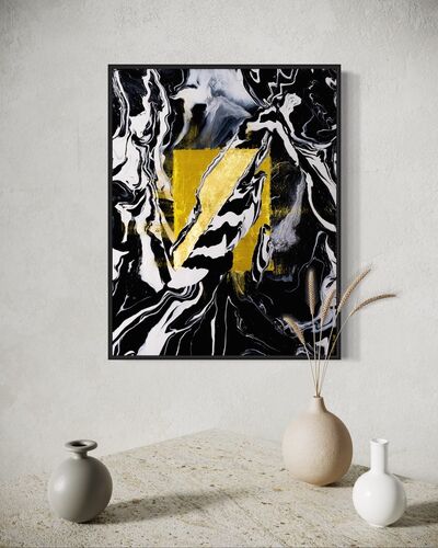 Abstract art piece with gold square and black, white, and gray abstract swirls and shapes