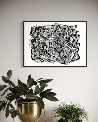 Framed black and white abstract geometric artwork with eyes, whimsical linework and botanicals on a white background