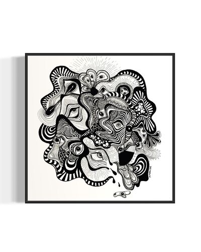 Framed black and white abstract artwork filled with eyes and whimsical linework patterns on a white background