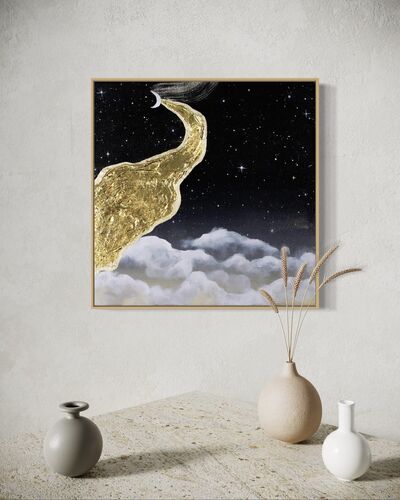 Framed dreamy artwork of a gold crescent moon and cloud against a starry night sky.