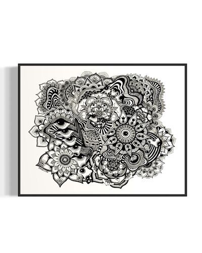 Framed black and white abstract art with eyes, mandalas, and fine line whimsical detail