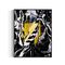 Abstract art piece with gold square and black, white, and gray abstract swirls and shapes