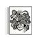 Framed black and white abstract artwork filled with eyes and whimsical linework patterns on a white background