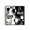 Abstract black and white artwork with swirling patterns, circle, and whimsical linework on a white background
