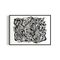 Framed black and white abstract geometric artwork with eyes, whimsical linework and botanicals on a white background
