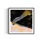 Framed artwork of an abstract black and white hand unzipping the universe on a space background with a pink sky and gold accents.
